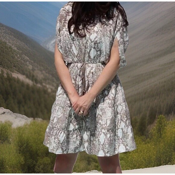 NWT Loft Neutral Boho Reptile Snake Print Drawstring Ruched Peasant Dress-size M - Picture 1 of 8